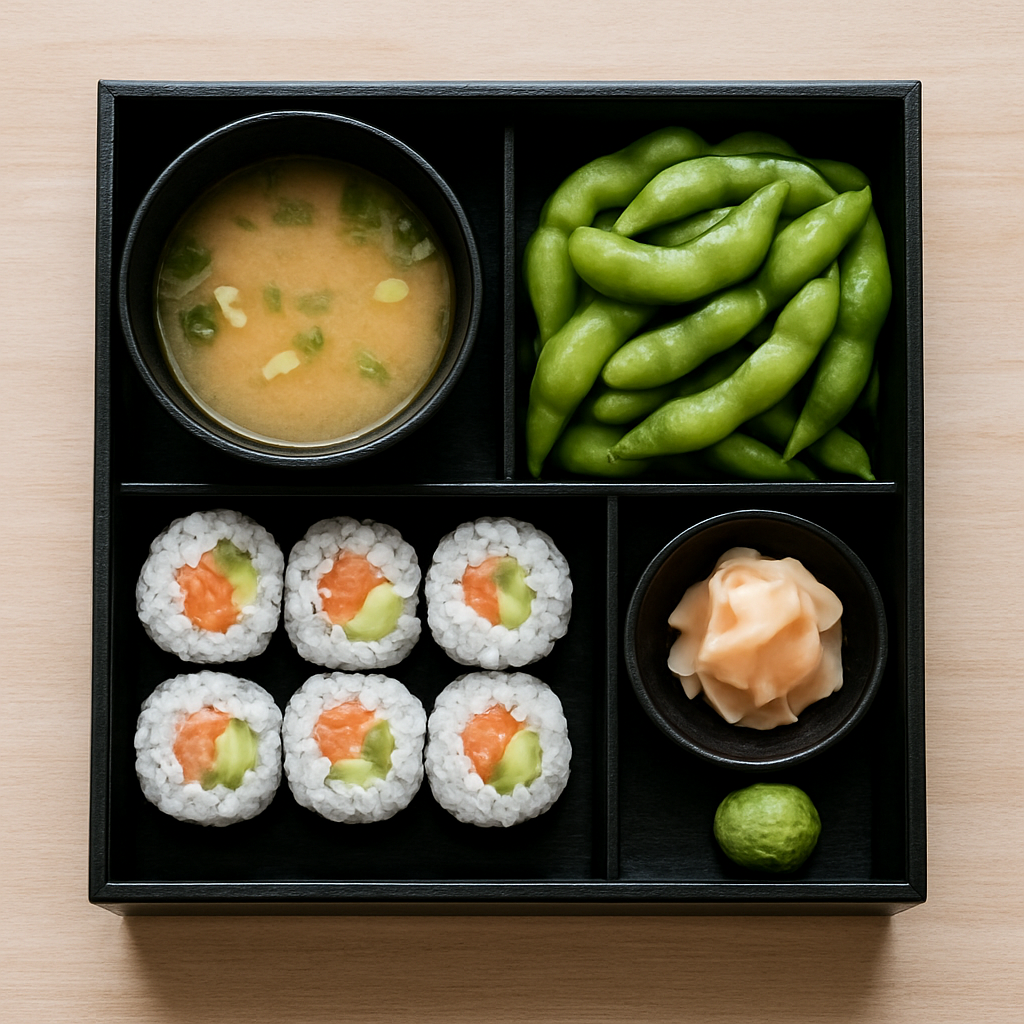 Japanese bento box with sushi rolls and sides