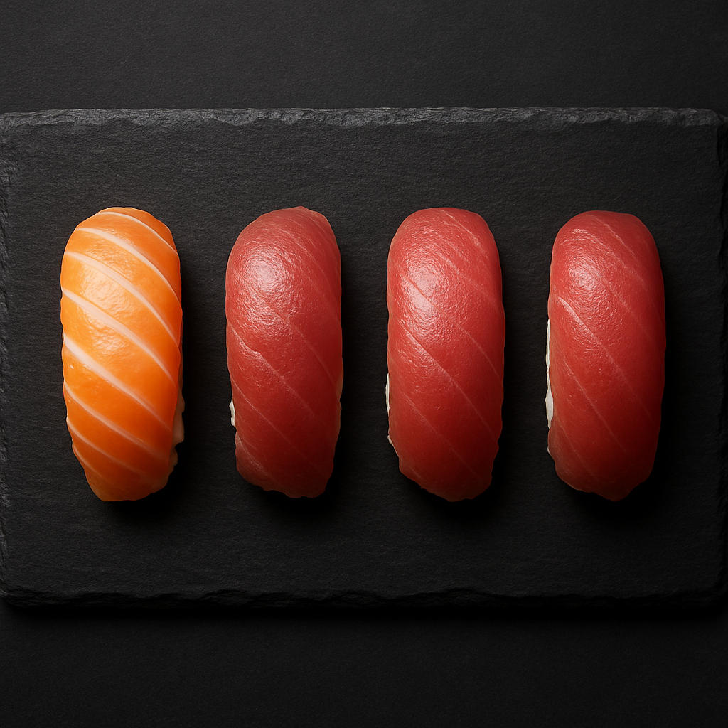Fresh salmon and tuna nigiri lined up on black slate
