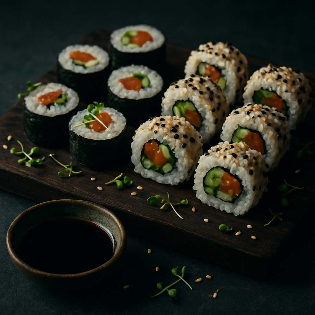 Assorted sushi rolls on a dark wooden board